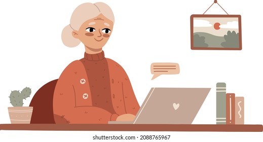 Feliz anciana con ordenador portátil en una habitación acogedora. Chat en línea, cursos, educación, tecnologías y personas mayores, concepto de mujer de edad avanzada. La abuela se comunica, ilustración vectorial en estilo plano