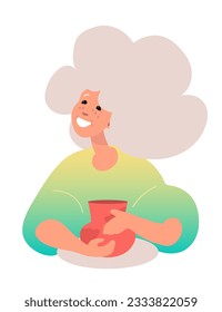 Happy old woman making clay pot at workshop. Senior activity. Silver generation hobby. Cartoon vector character. Granny creating ceramics. Adult with grey hair and dark skin. Active grandmother works