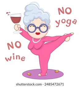 Happy old woman making yoga with wine on white background. Funny yoga. Vector illustration for poster, banner, flyer, party invitation, postcard, t-shirt print, stickers, greeting card