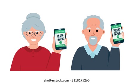 Happy old woman and man with Health Passport QR-code on smartphone screen. Covid-19 immune and Coronavirus vaccination for elderly people. Flat vector illustration isolated on white background.