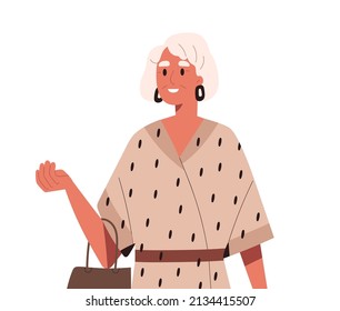 Happy old woman in modern fashion clothes. Stylish wealthy lady of senior age. Elderly person wearing earrings, dress, accessories outdoors. Flat vector illustration isolated on white background