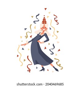 Happy Old Woman In Party Hat Dancing In Long Dress With Falling Confetti Isolated On White Background - Cartoon Elderly Lady Celebrating Birthday. Vector Illustration.