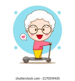 Happy old woman playing scooter. Grandma summer activity. Chibi cartoon character. Vector art illustration.