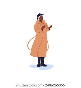 Happy old woman in raincoat walking in rainy weather. Elderly lady in overcoat standing in puddle, catches raindrops. Senior person rejoices rain. Flat isolated vector illustration on white background