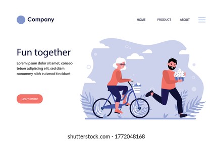 Happy old woman riding bike. Unhappy worried man running and holding sweet cupcake flat vector illustration. Activity, lifestyle, unhealthy food concept for banner, website design or landing web page