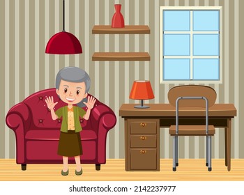 Happy old woman in the room scene illustration