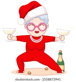 Happy old woman in Santa hat making yoga with champagne.Funny New Year yoga.White background. Illustration for poster, banner, flyer, party invitation, postcard, t-shirt print, stickers, greeting card