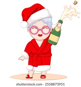 Happy old woman in Santa hat with champagne. Funny New Year illustration on white background. Illustration for poster, banner, flyer, party invitation, postcard, t-shirt print, stickers, greeting card