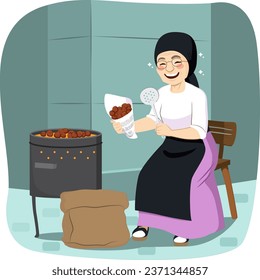 Happy old woman selling roasted chestnut vector illustration. Female person working as  traditional autumn culture food vendors in Spain