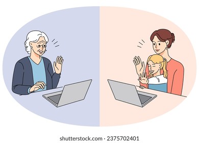 Happy old woman talk online on video call with daughter and granddaughter. Smiling family enjoy webcam conversation on computer. Vector illustration.