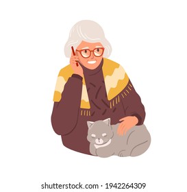 Happy old woman talking on mobile phone. Granny calling by smartphone. Grandma in glasses using cellular. Colored flat vector illustration of aged lady and cellphone isolated on white background