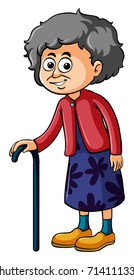 Happy old woman with walkingstick illustration