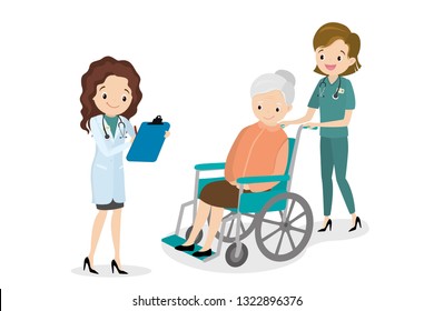 Happy old woman in a wheelchair and female doctor and nurse,elderly character isolated on white background,flat vector illustration