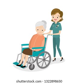 Happy old woman in a wheelchair and female nurse,elderly character isolated on white background,flat vector illustration