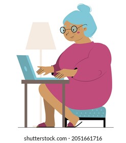 Happy old woman working on  computer Elderly grandmother  sitting on chair with laptop learning how to use it Vector flat isolated illustration, limited  color palette 