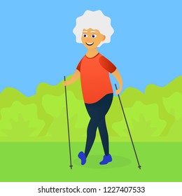Happy old women dressed in sports clothing walking with Nordic walking poles. Cartoon character. Vector illustration