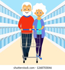 Happy old women and men with shopping cart in grocery store or supermarket. Cute grandparents. Elderly couple. Cartoon character. Vector illustration
