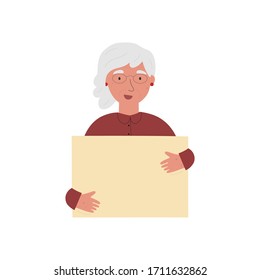 Happy old year woman holding a blank placard in her hands isolated on white background. Smiling lady carrying empty banner with a place for text. Flat vector illustration 