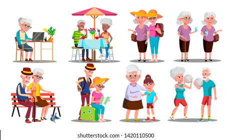 Happy Older Character Grandparents Set Vector. Collection Of Older Person. Man And Woman Play Volleyball And Travel, Sitting On Bench And Cafe, Working On Laptop And Walk. Flat Cartoon Illustration