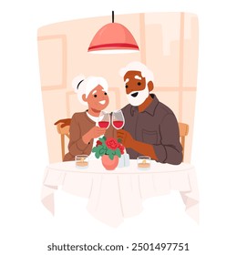 Pareja De Personajes Mayores Felices Disfrutando De Una Cena Romántica Juntos En Una Mesa Hermosamente Ambientada, Compartiendo Un Brindis Con Copas De Vino. Vector Representación De Amor, Compañerismo Y Celebración En Años Posteriores