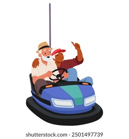 Happy Older Couple Enjoying A Bumper Car Ride Together. Old People Expressing Joy And Friendship. Concept Of Leisure, Amusement Park And Senior Activities Fun And Companionship Among Aged Characters