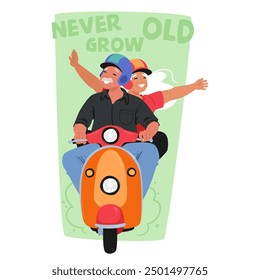 Happy Older Couple Enjoying A Fun Scooter Ride With Smiles And Carefree Expressions. Concept Of Never Growing Old, Staying Youthful, And Living Life To The Fullest. Cartoon People Vector Illustration