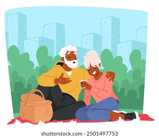 Happy Older Couple Enjoys A Relaxing Picnic In A Park. Vector Illustration Shows Old People Sitting On A Blanket, Surrounded By Greenery And Urban Buildings, Sharing A Warm And Joyful Moment Together