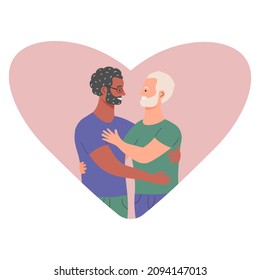 Happy older gay men couple is hugging on the background of heart. LGBT family and love concept. Homosexual greeting card for Valentine's Day.