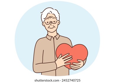 Happy older man holding big heart in hands feeling thankful and grateful. Smiling mature grandfather show love and support. Charity and gratitude. Vector illustration.