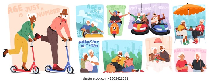 Happy Older People Engaging In Fun Activities, Riding Scooters, Dining, And Celebrating, Elderly Characters Exude Joy, Friendship And Vitality. Age Is Just A Number And Staying Young At Heart Concepts