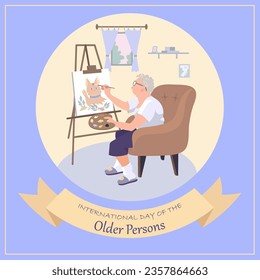 Happy Older People's Day greeting card, an elderly woman draws a picture, with an inscription. Vector design