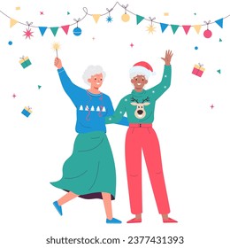 Happy older women  at the Christmas party. Friends at a fun party. Vector illustration 