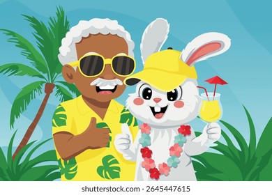 Feliz velho afro turista homem e coelho de desenho animado em cenário de férias tropicais. Viagens de verão, férias na ilha, design de personagens para crianças, impressão de camiseta, promoção turística ou uso de adesivo.