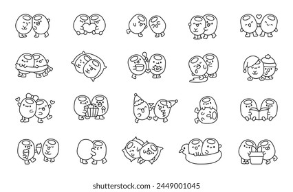 Happy olives friends. Coloring Page. Vegetable hugging and sitting together. Hand drawn style. Vector drawing. Collection of design elements.