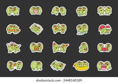 Happy olives friends. Sticker Bookmark. Vegetable hugging and sitting together. Hand drawn style. Vector drawing. Collection of design elements.