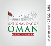 Happy Oman national day post. Oman national day celebration with flag. Oman national flag. National flag background. Oman Independence Day. Typography Post, greeting, vector illustration