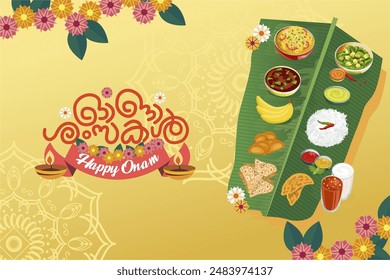 Happy Onam 2024 background with traditional food (onasadya) served on banana leaf and onam text. Best choice for Indian Kerala festival banner, poster and greeting. Onasadya vector illustration