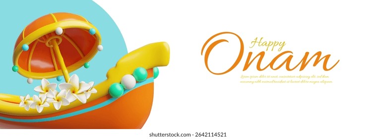 Happy Onam 3D style banner design. South India Kerala festival. Volume snake boat with Rangoli flowers and King Mahabali umbrella celebration background. Vector render illustration