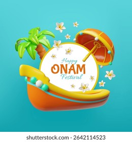 Happy Onam 3D style event card design. South India Kerala festival. Volume snake boat with Rangoli flowers, coconut tree and King Mahabali umbrella. Vector render celebration background