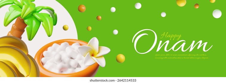 Happy Onam 3D style greeting banner design. South India Kerala festival. Volume coconut tree, Rangoli flower and traditional sadya food served with banana. Vector celebration green background