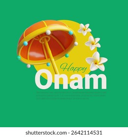 Happy Onam 3D style invitation card design. South India Kerala festival. Volume Rangoli flowers and King Mahabali umbrella celebration background. Vector render illustration
