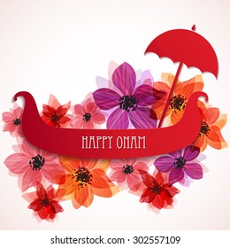 Happy Onam background, banner or greeting card design for South Indian festival Onam decorated with beautiful flowers and snake boat. Vector illustration