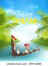 Happy Onam background with boat race (vallamkali) for South India harvest festival. Vector illustration.