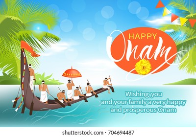 Happy Onam background with boat race (vallamkali) for South India harvest festival. Vector illustration.