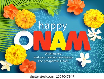 Happy Onam background with flowers and traditional ornament (pookolam, rangoli) for South India harvest festival. Vector illustration.