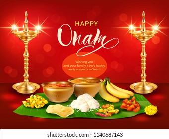 Happy Onam background with oil lamps (diyas) and traditional food (sadya) served on banana leaf for South India harvest festival. Vector illustration.