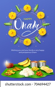 Happy Onam background with rangoli and traditional food (sadya) for South India harvest festival. Vector illustration.