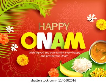 Happy Onam background with traditional food (sadya) served on banana leaf for South India harvest festival. Vector illustration.