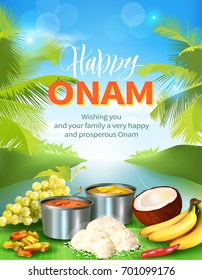 Happy Onam background with traditional food (sadya) served on banana leaf for South India harvest festival. Vector illustration.