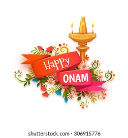 Happy Onam banner with flowers and lamp.